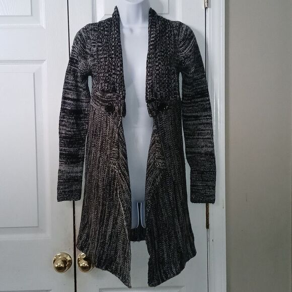 Derek Heart black gray tweed open front  long cardigan Sz L  EUC - Picture 1 of 8